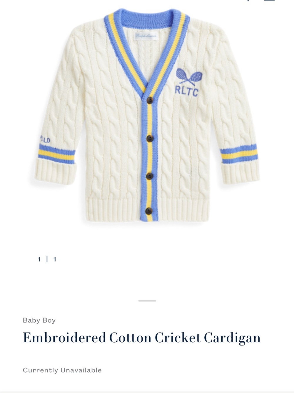 NWT Polo Ralph Lauren Cream Cable Knit Cricket Cardigan with Blue & Yellow Trim
